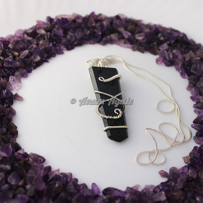 Black Tourmaline Flat Gemstone Wire Wrap Pendants