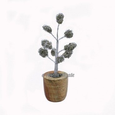 Natural Pyrite Tumbled Stone Tree with Round Wooden Barrel Base
