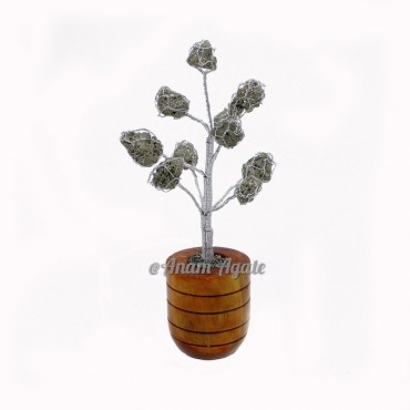 Pyrite Stone Tree with Cylindrical Wooden Pot Base