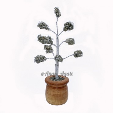 Raw Pyrite Tumbled Gemstone Tree with Stacked Wooden Base