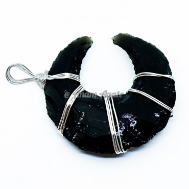 Black Obsidian Moon Wire Wrapped Healing Pendant A