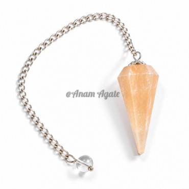 Orange Selenite 6 Faceted Silver Chain Pendulums