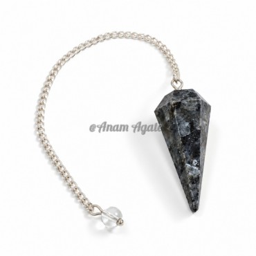 Larvakite 6 Faceted Silver Chain Pendulums