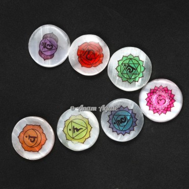 Colorful Seven Chakra Symbols On Selenite Disc