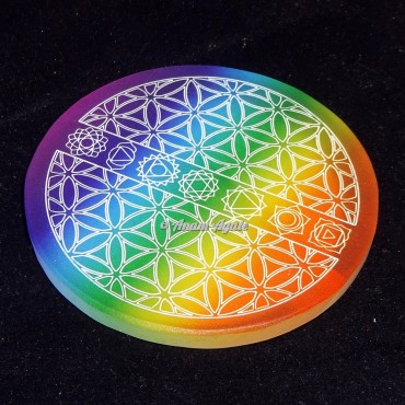 Printed Rainbow Chakra with Flower of life Engraved Selenite Charging Plate