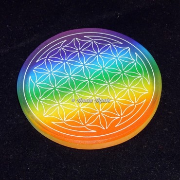 Printed Rainbow Flower of life Engraved Selenite Charging Plate