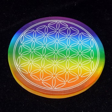 Printed Rainbow Engraved Flower of life Selenite Charging Plate