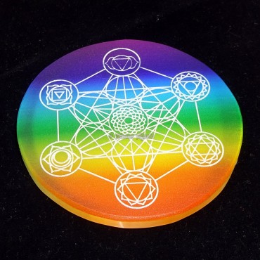 Printed Rainbow Metatron Cube with Chakra Engraved Selenite Charging Plate
