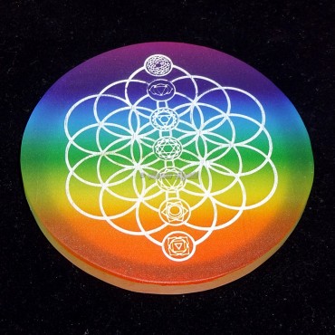 Printed Rainbow Seed of life with Chakra Engraved Selenite Charging Plate