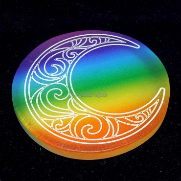 Printed Moon Engraved Rainbow Selenite Coaster Charging Plate