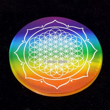 Printed Rainbow Flower Of Life with Yantra Engraved Selenite Charging Plate